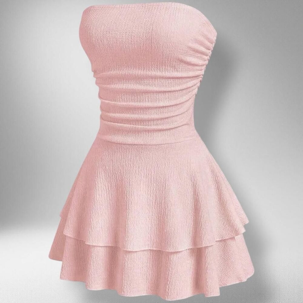 SHEIN Pink Waffle Knit Strapless Ruffle Mini Dress – Petite S